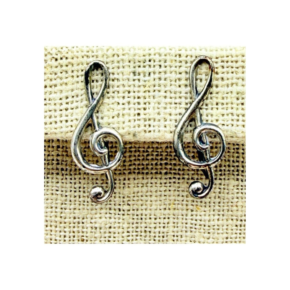 Vintage Beau Sterling Silver Treble Clef Screw Back Earrings Music Lovers 1"